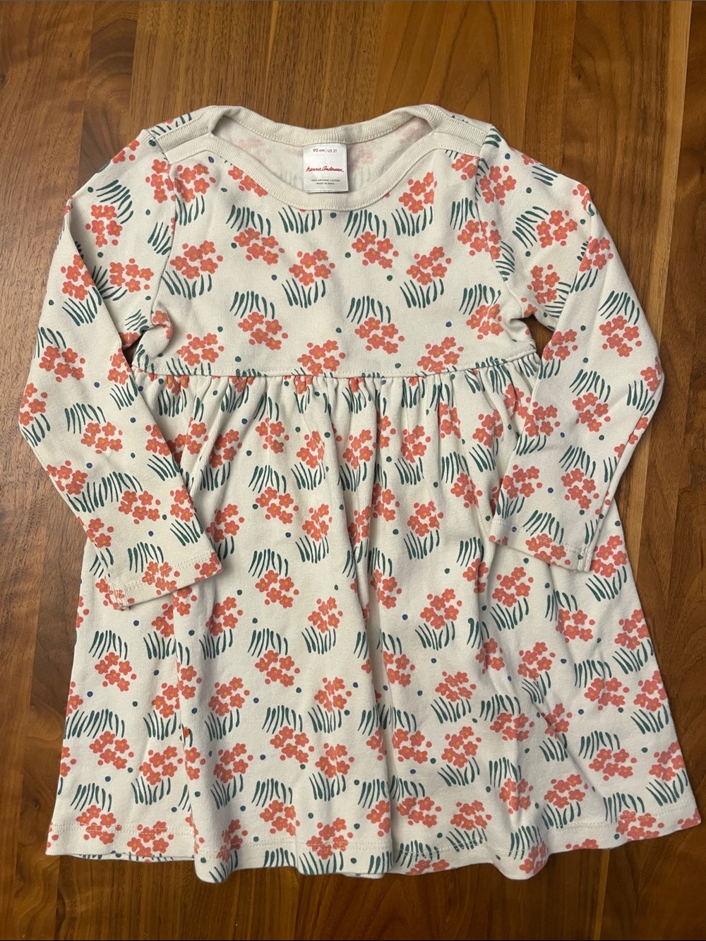 Hanna Andersson Cream Dress with Coral Floral and Teal Leaf Print